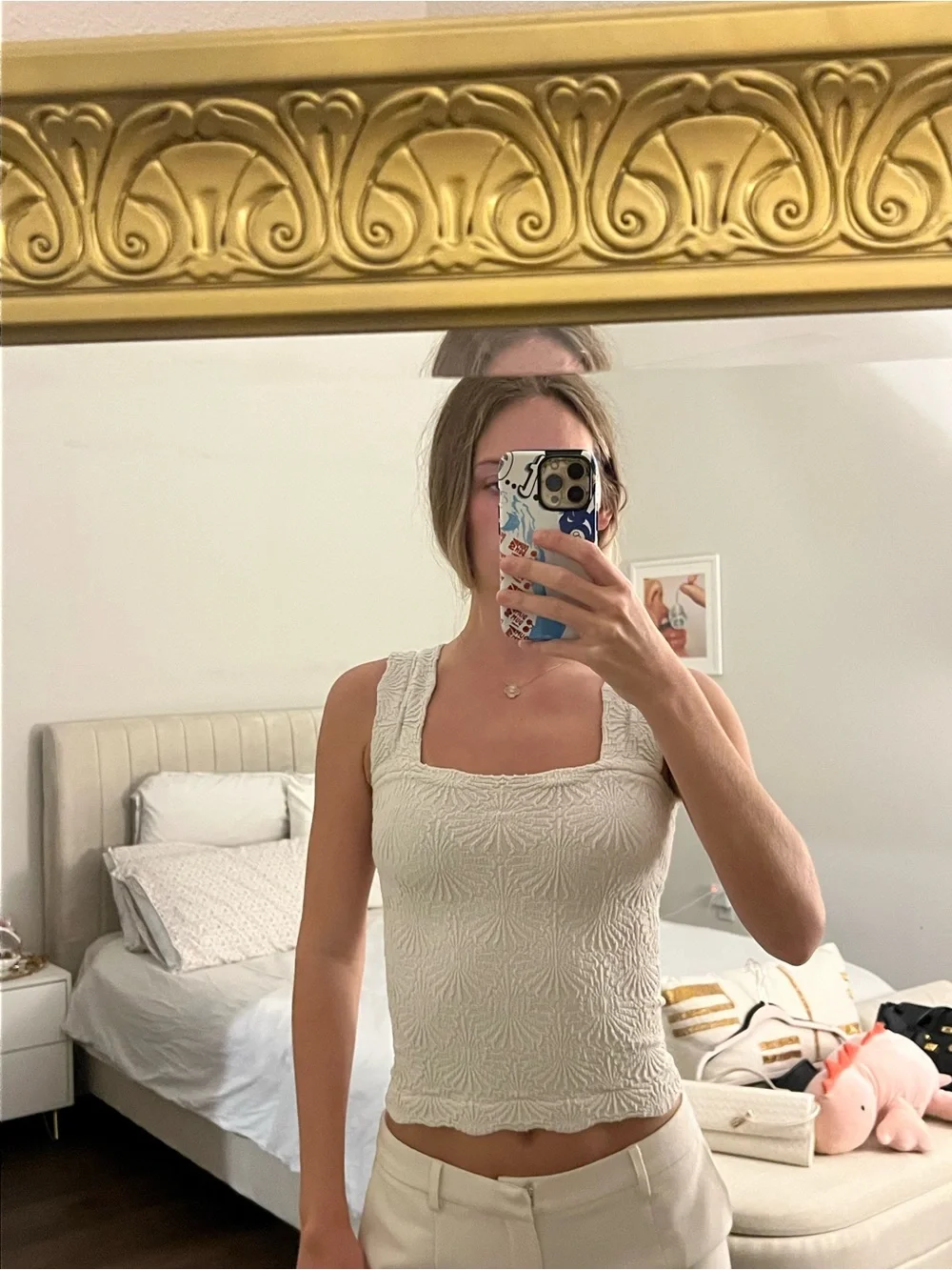 Free People Cream Textured Square-Neck Tank